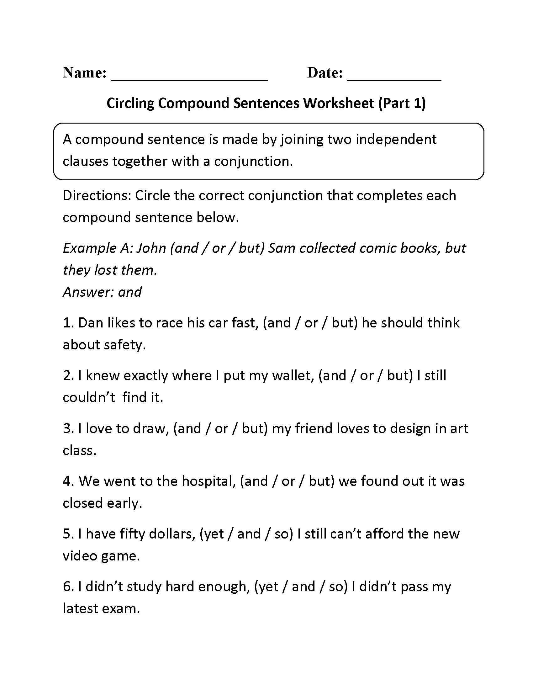 Simple And Compound Sentences Worksheets With Answers