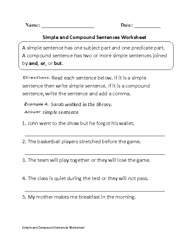 Simple And Compound Sentences Worksheets With Answers