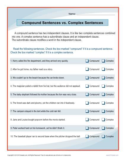 Simple Compound And Complex Sentences Worksheet