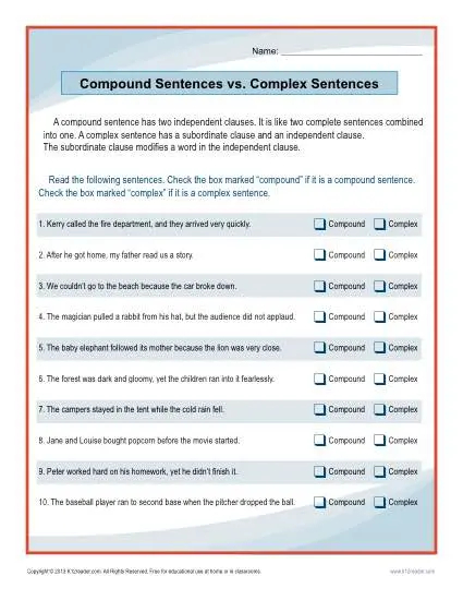 Simple Compound And Complex Sentences Worksheet