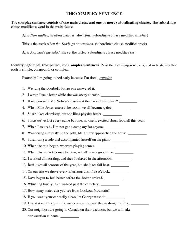 Simple Compound And Complex Sentences Worksheets