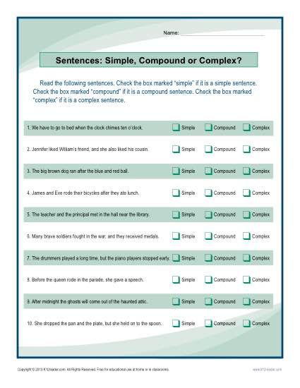 Simple Compound Or Complex Sentence Sentence Structure Worksheet