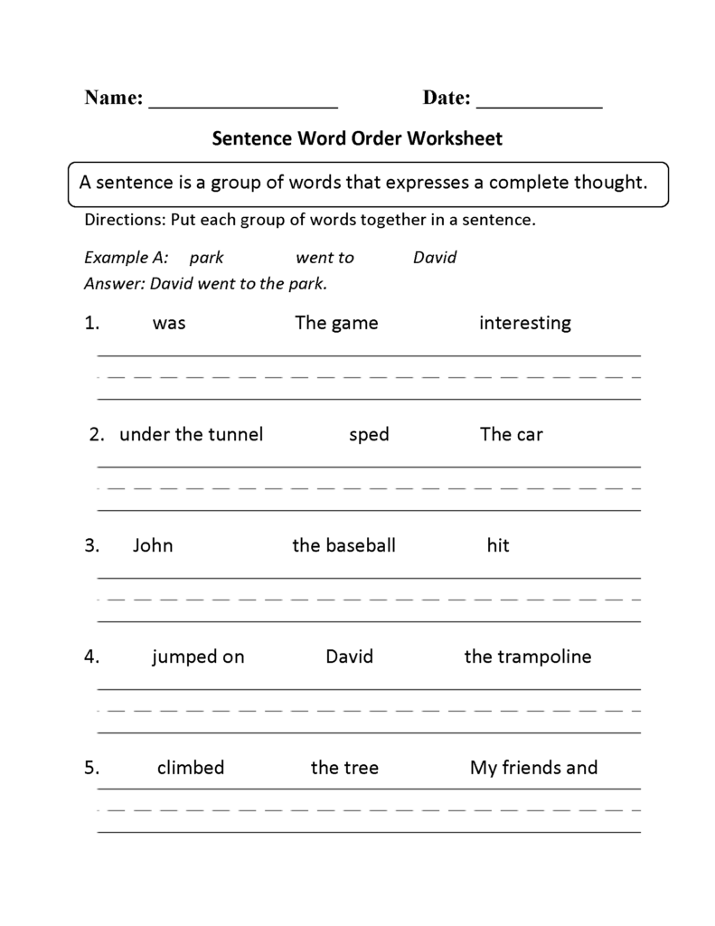 Simple Sentence Structure Worksheet