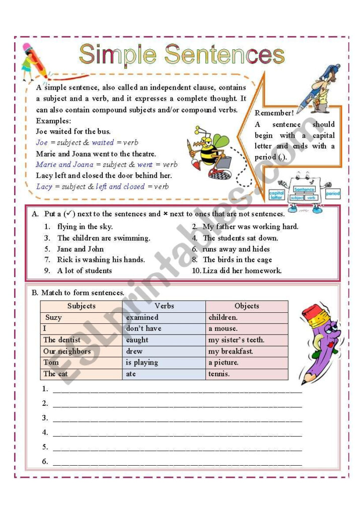 Simple Sentences Match Worksheet Simple Sentences Match Worksheet 