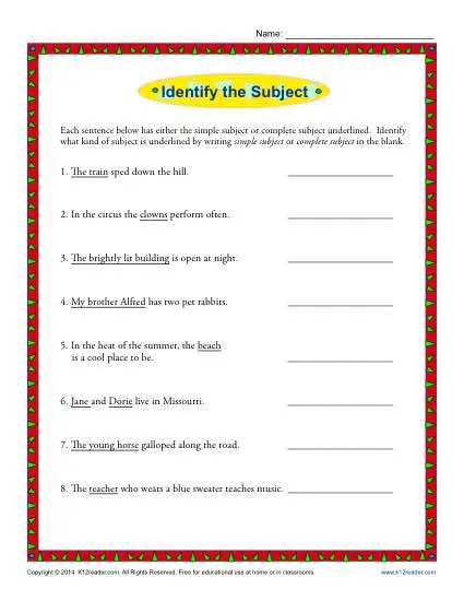 Simple Subject And Complete Subject Worksheet Activity K12reader