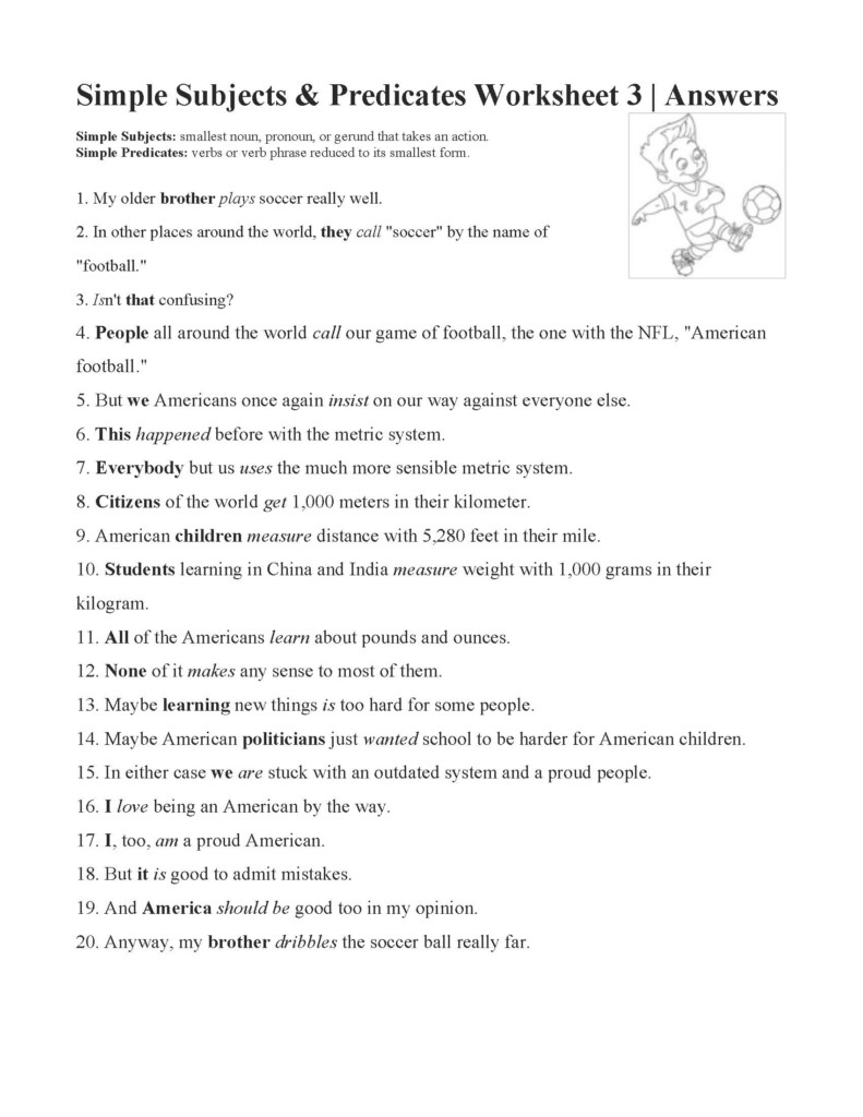 Simple Subjects And Predicates Worksheet 3 Answers