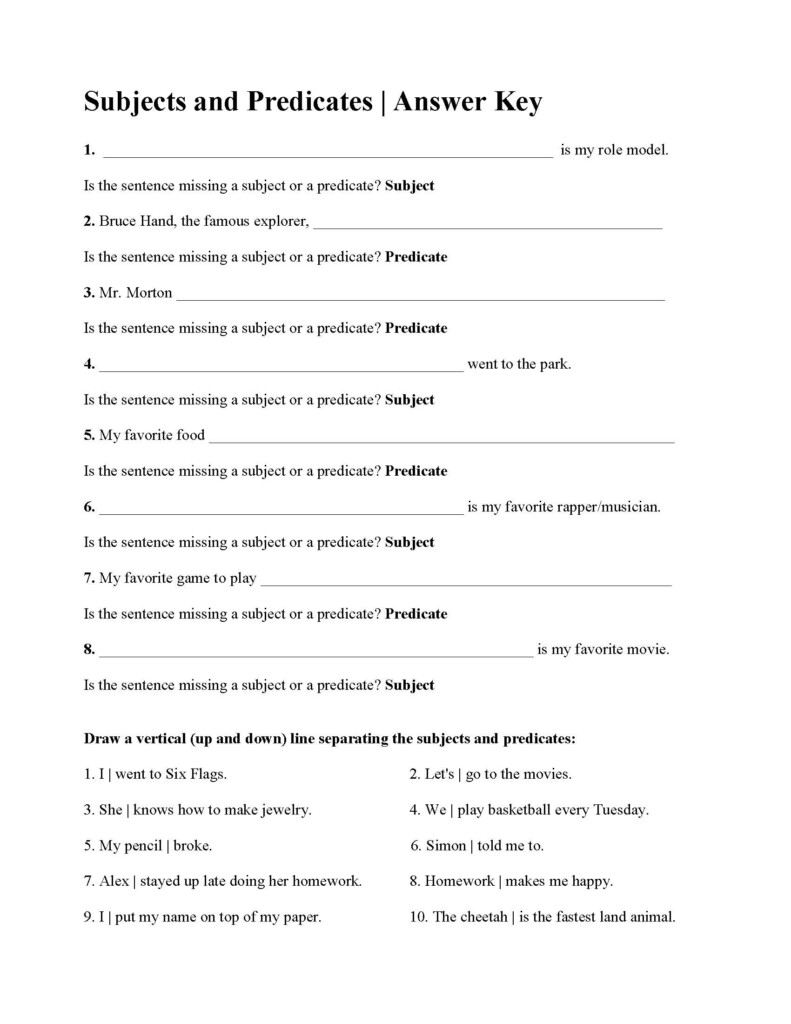 Simple Subjects And Predicates Worksheet Answers Printable Word Searches