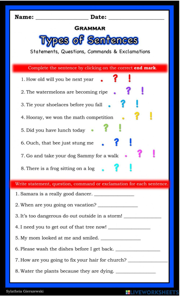 Statement Question Command Exclamation Interactive Worksheet For 3 4 