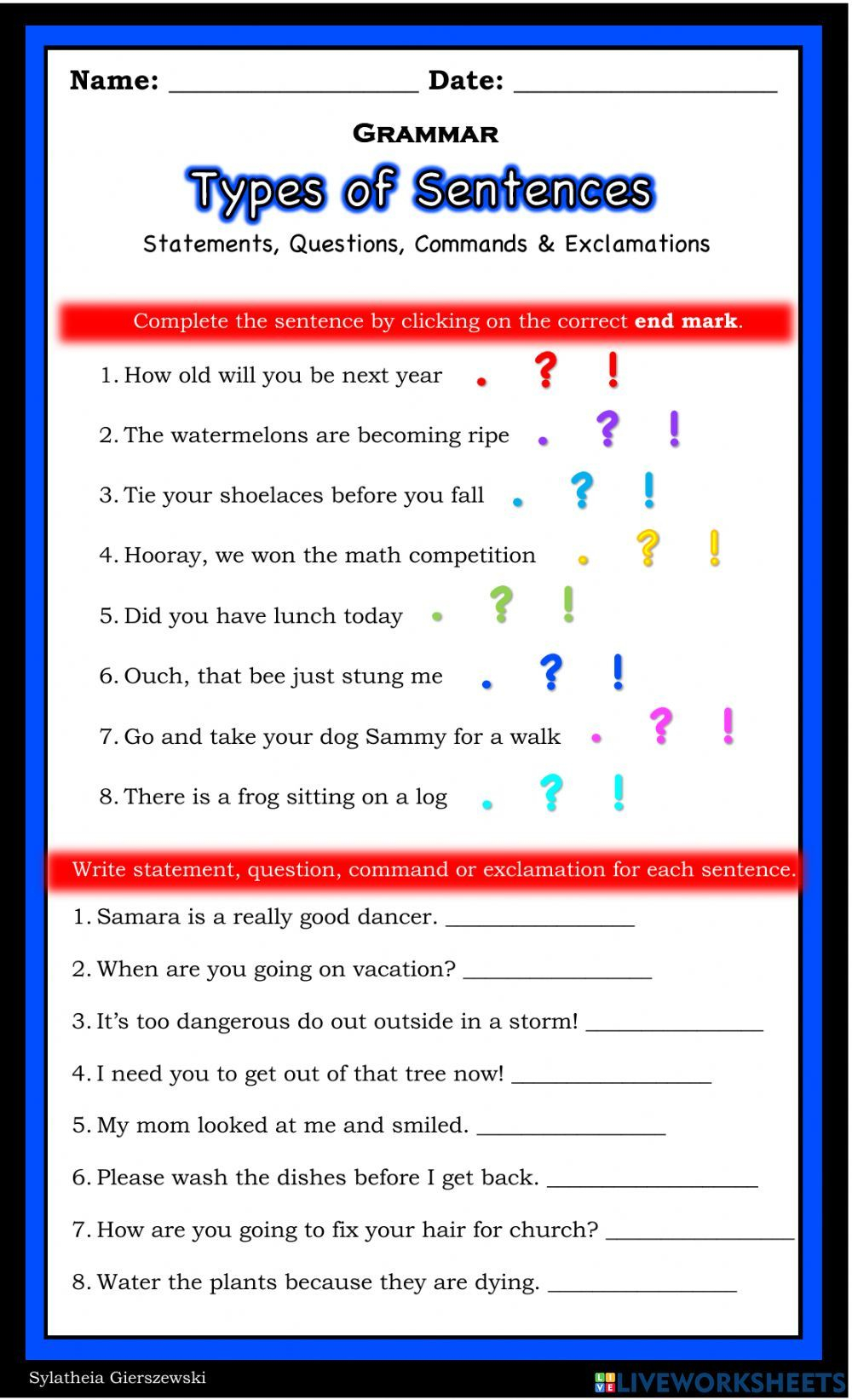 Statement Question Command Exclamation Interactive Worksheet For 3 4