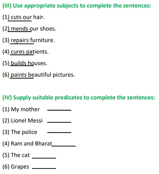 Subject And Predicate Class 4 Worksheet Underline The Predicate Supply