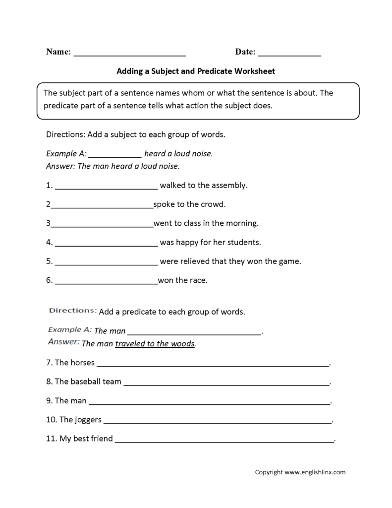 Subject And Predicate Worksheets Adding A Subject And Predicate Worksheet