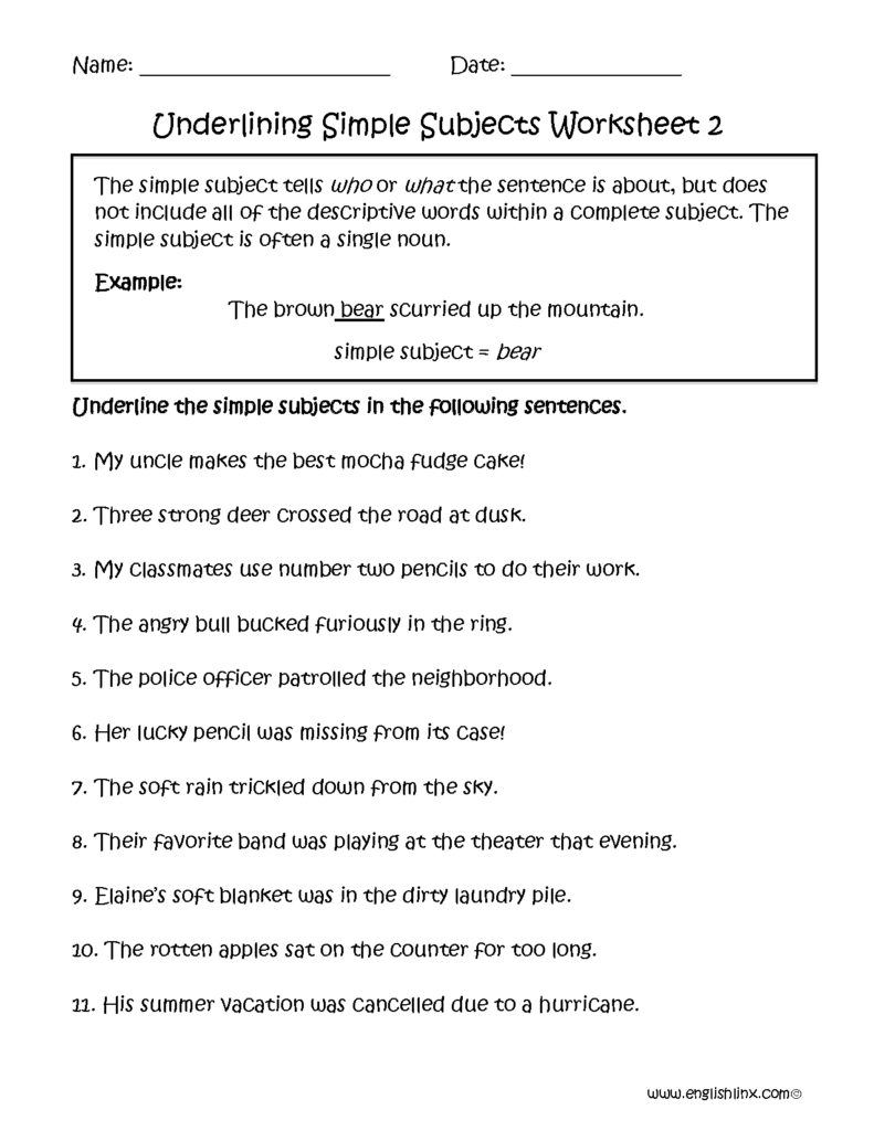 Subject And Predicate Worksheets Underlining Simple Subject Worksheet 