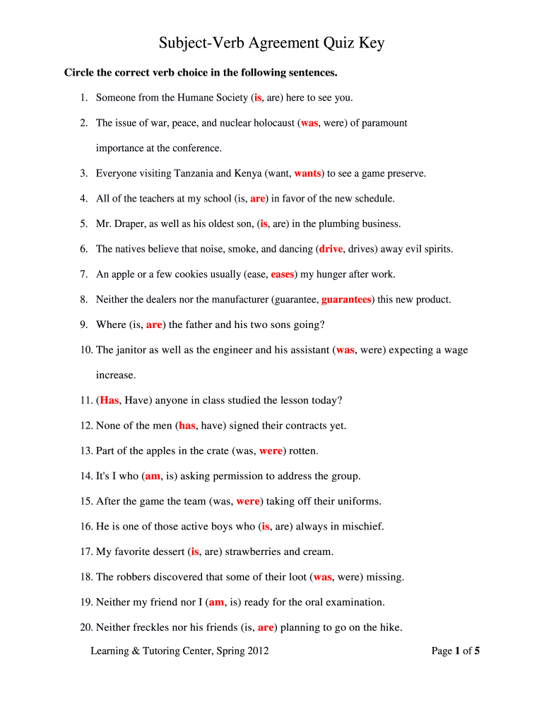Subject Verb Agreement Worksheet With Answers Pdf Fill Online 