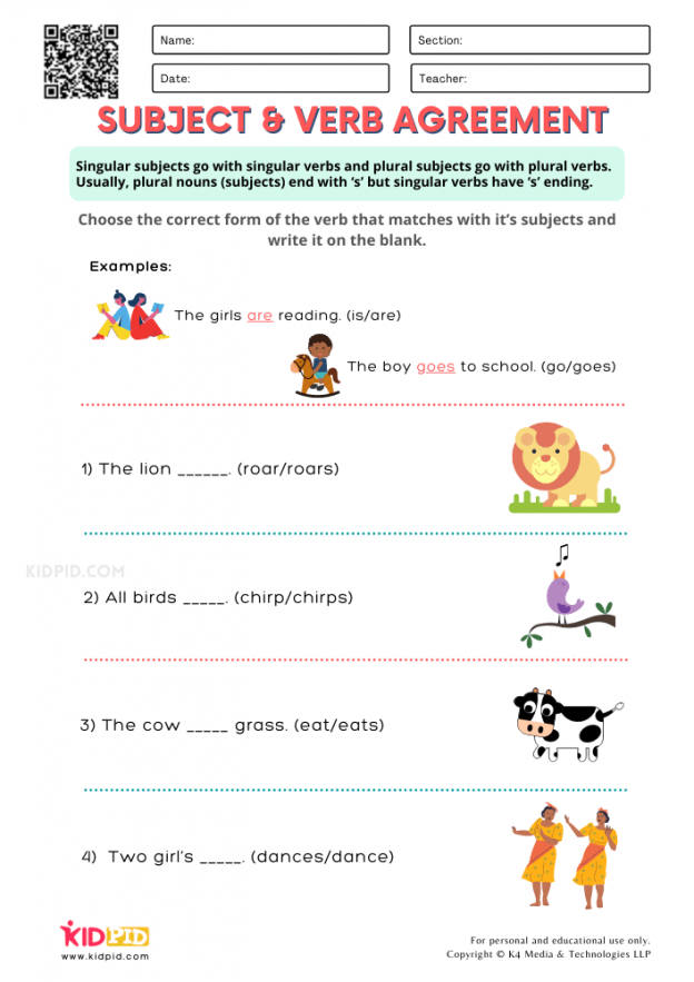 Subjects And Verbs Worksheet