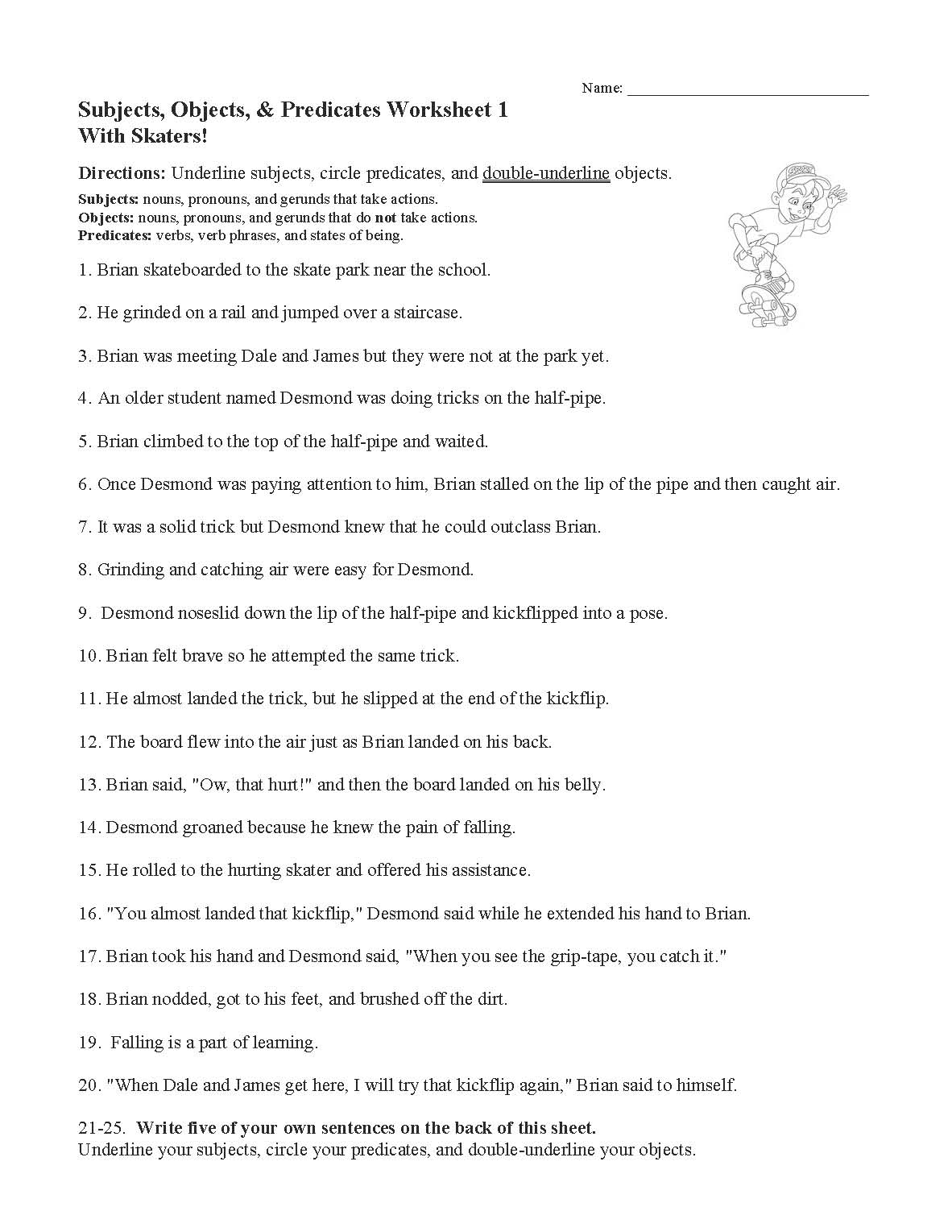 Subjects Objects And Predicates With Skaters Worksheet Sentence 