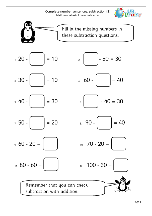 Subtraction Complete Number Sentences 2 Subtraction Year 2 aged 6 