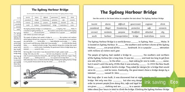 Sydney Harbour Bridge Cloze Worksheet Sydney Harbour Bridge Cloze 