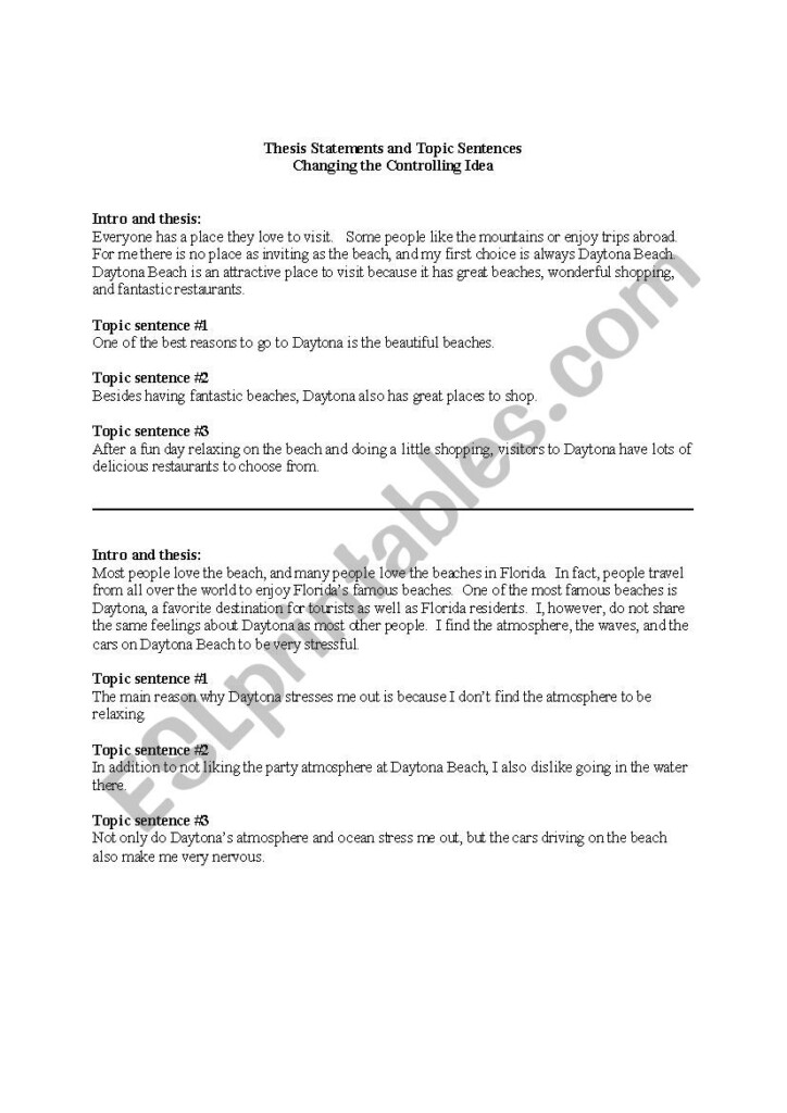 Thesis Statements And Topic Sentences ESL Worksheet By Genkismommy