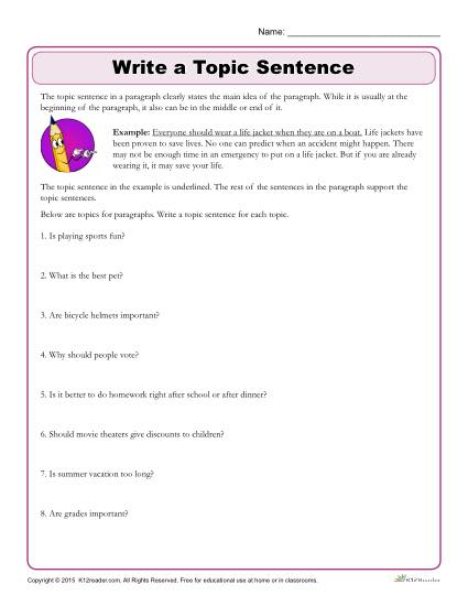 Topic Sentence Worksheet 2nd Grade