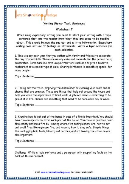 Topic Sentence Worksheet 4th Grade