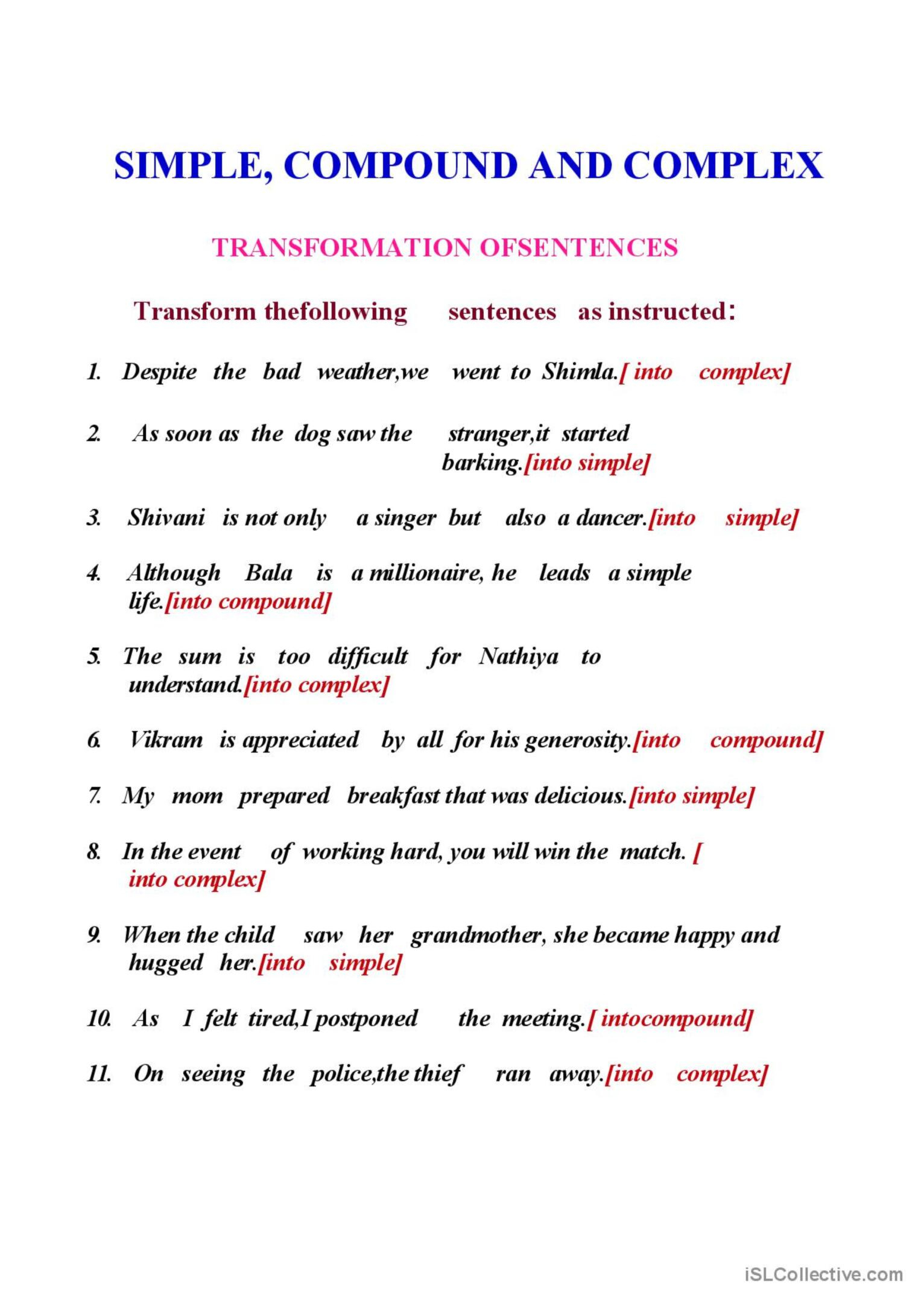 Transformation Of Sentences Gener English ESL Worksheets Pdf Doc