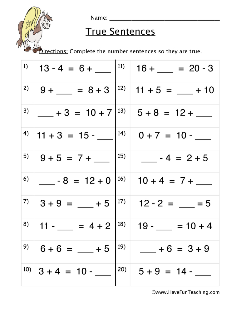 True Addition Number Sentences Worksheet Have Fun Teaching