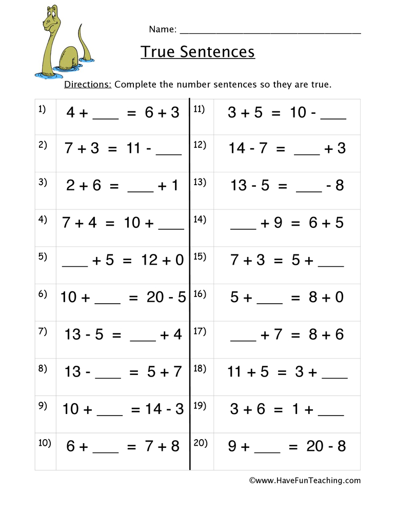 True Number Sentences Worksheet Have Fun Teaching