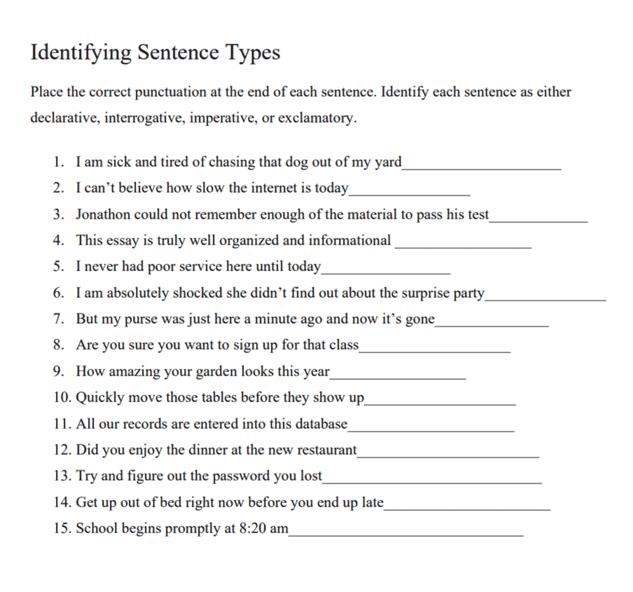 Types Of Sentences With Examples Declarative Imperative Exclamatory 