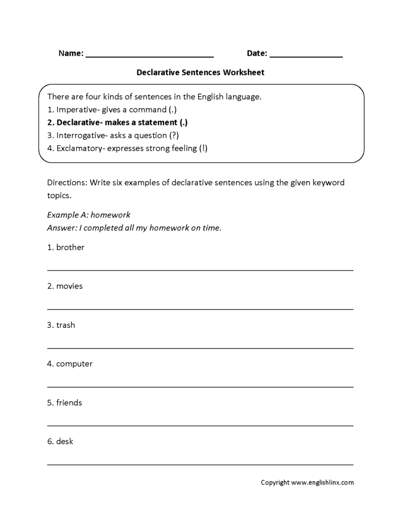 Types Of Sentences Worksheets Declarative Types Of Sentences Worksheets