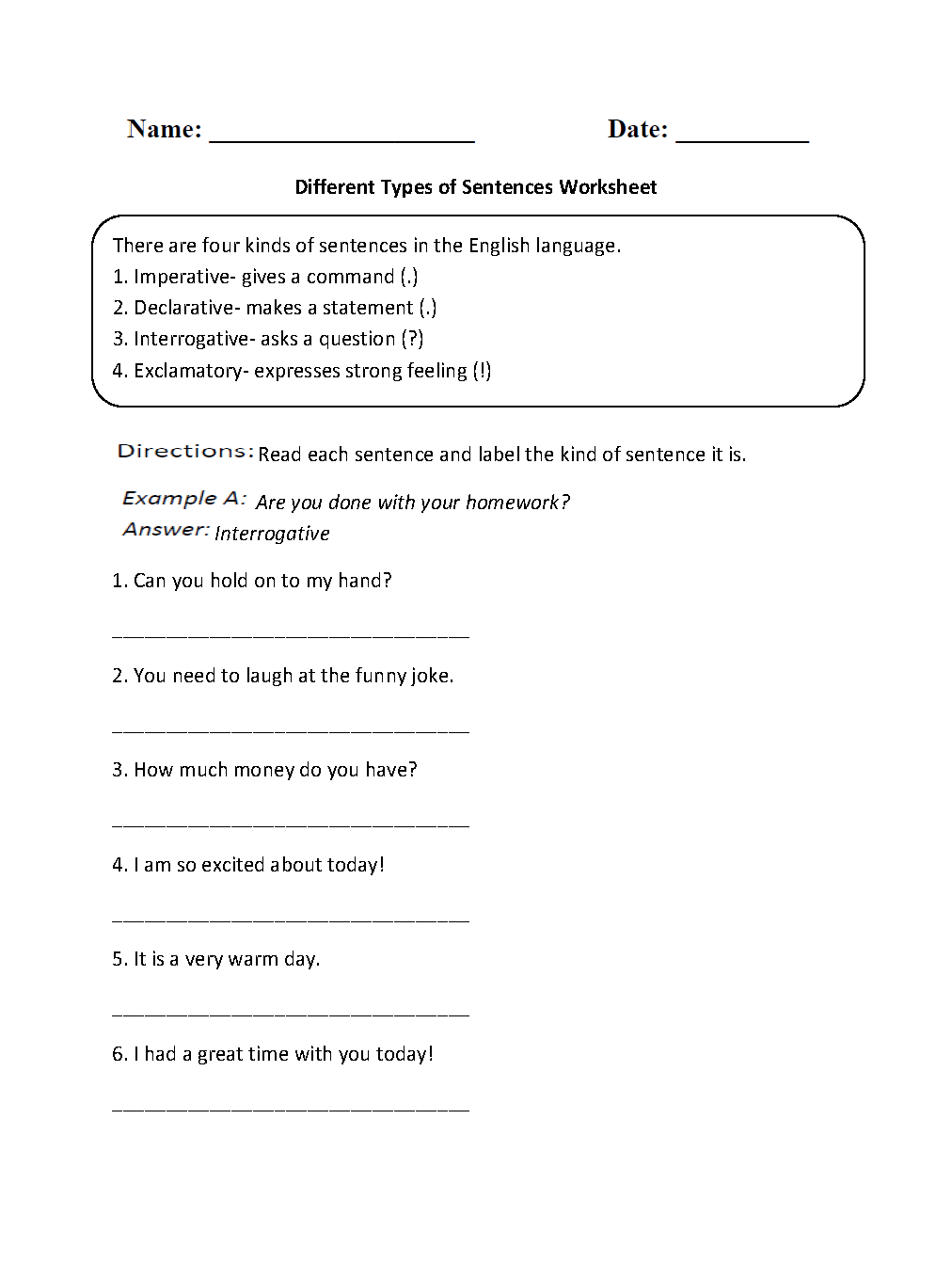 Types Of Sentences Worksheets Pdf Grade 6 Kidsworksheetfun