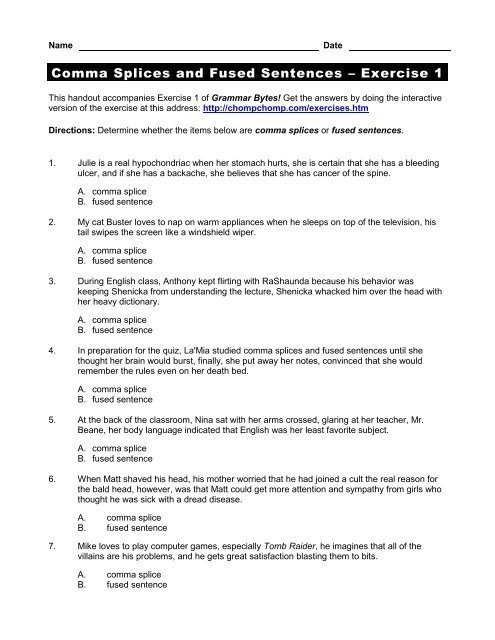 Understanding Comma Splices Worksheet