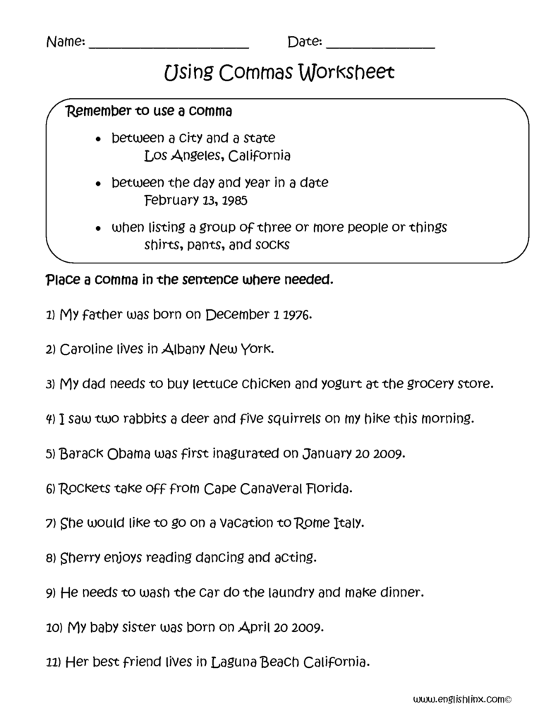 Using Commas Correctly Worksheet