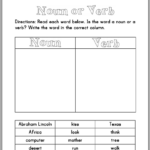 Verb Or Noun Chart Worksheet Free Printable For First Grade ELA