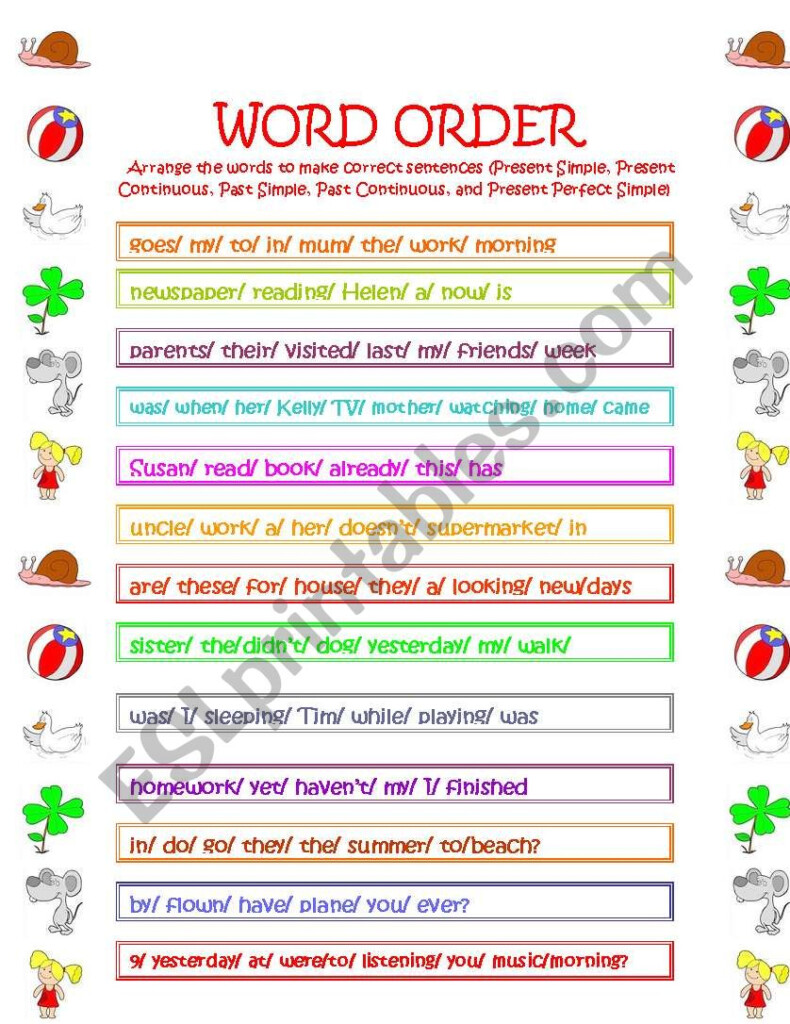 Word Order ESL Worksheet By Nikkomary