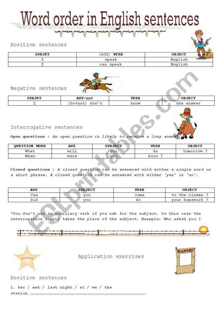 Word Order In English Sentences Worksheets Worksheets For Kindergarten