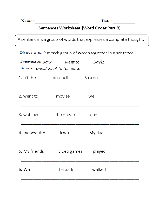 Word Order In Sentences Worksheets