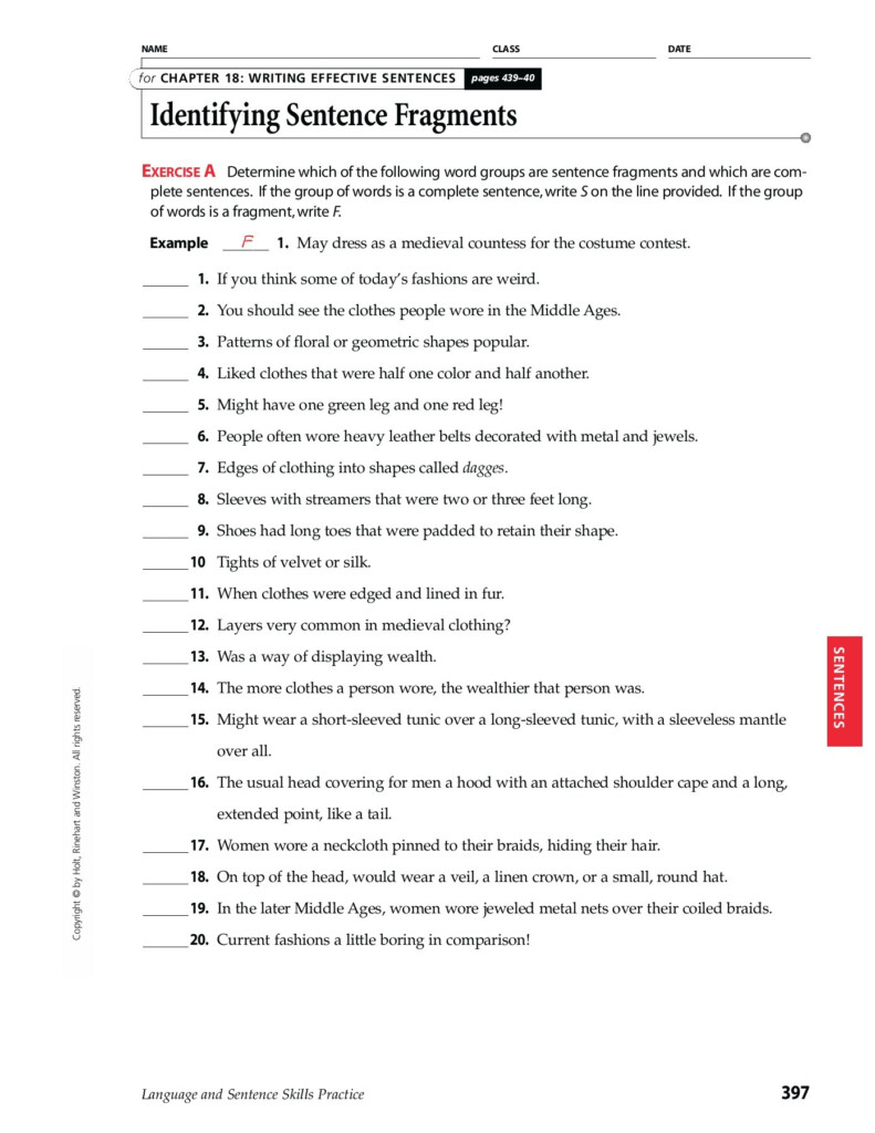 Worksheet 2 Sentence Fragments 18 Exercises Answer Key Online Degrees