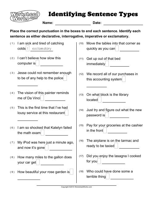Worksheet For Types Of Sentences Worksheets For Kindergarten