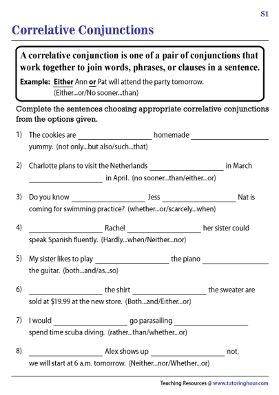 Worksheets On Correlative Conjunctions