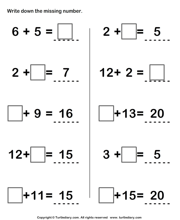 Write Missing Numbers In Addition Sentence Worksheet Turtle Diary