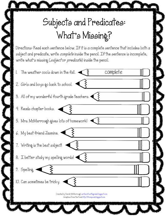 Write On Fourth Grade Subject Predicate Freebie