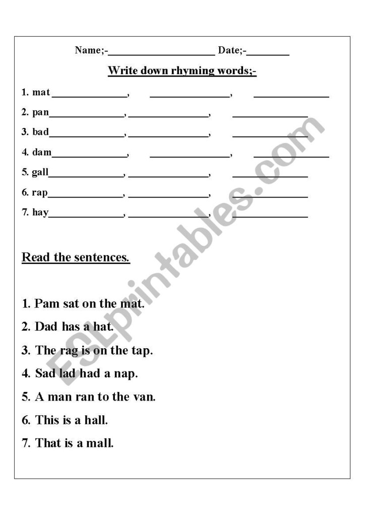 Write Rhyming Words And Reading Sentences ESL Worksheet By Udgamschool