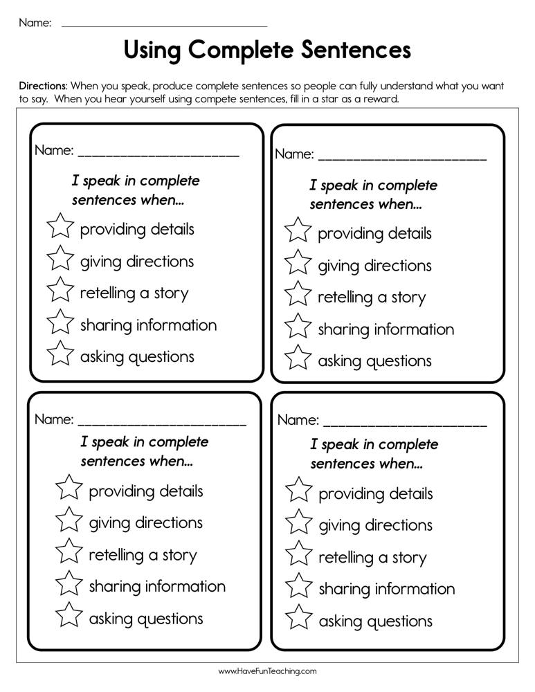 Writing A Complete Sentence Worksheet