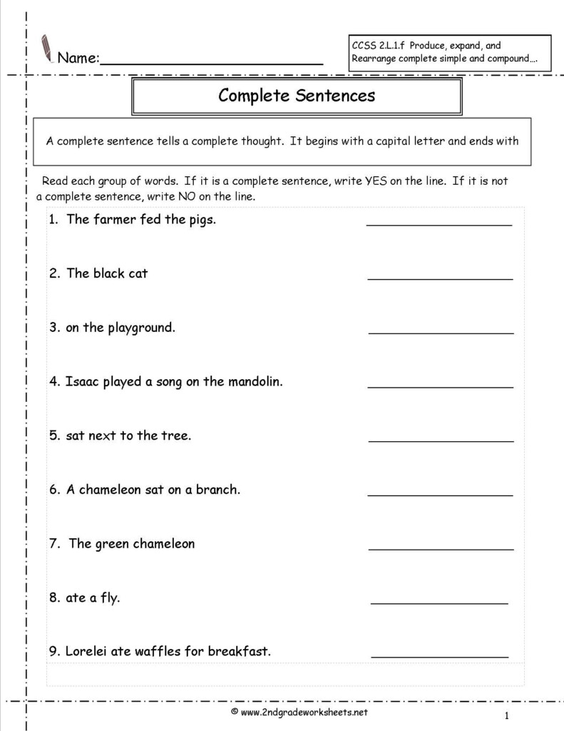 Writing A Complete Sentence Worksheets