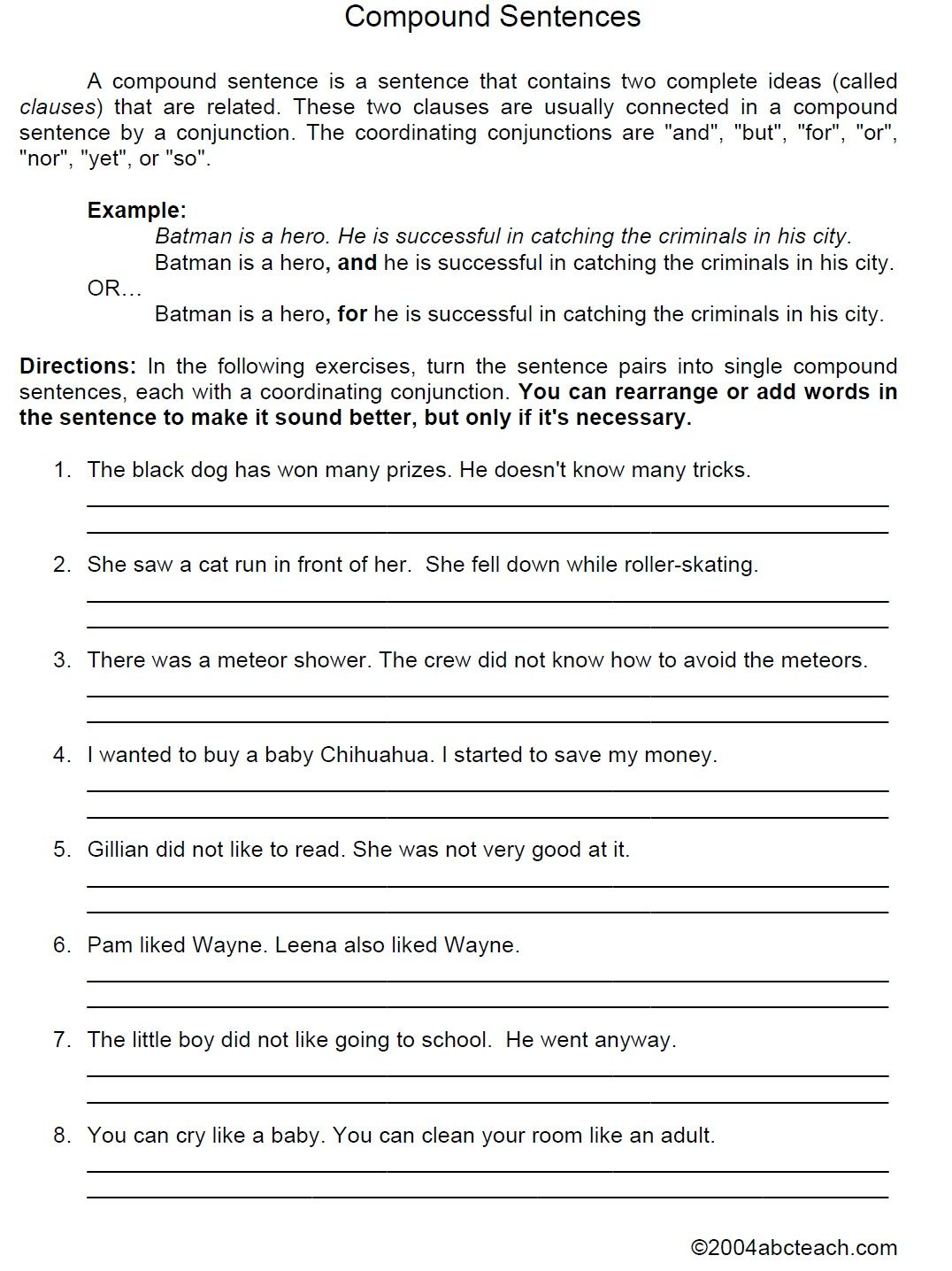 Writing Complex Sentences Worksheet Means For Each Pair Of