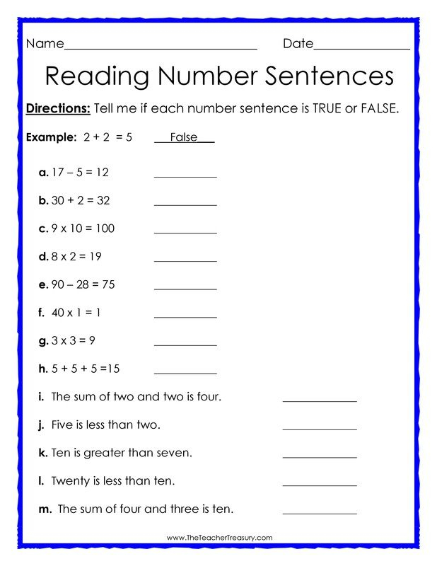 Writing Number Sentences Worksheet