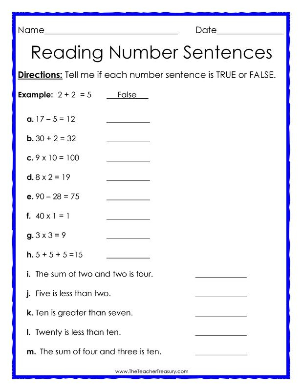 Writing Number Sentences Worksheets