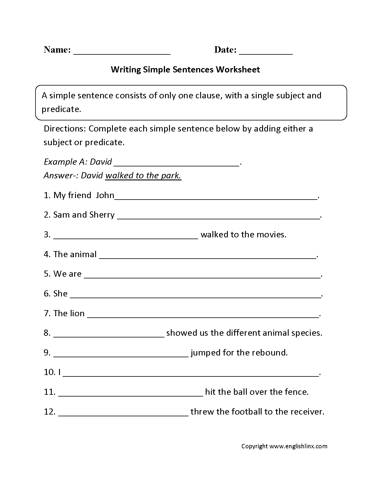 Writing Simple Sentences Worksheet Simple Sentences Worksheet