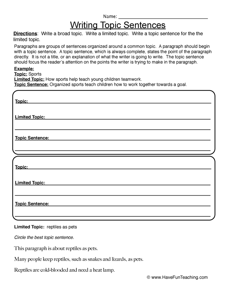 Writing Topic Sentences Worksheet By Teach Simple